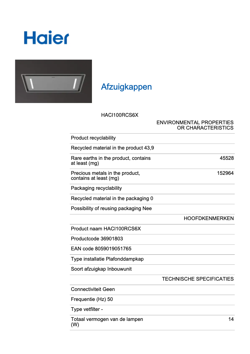 Página 1 del manual Ficha técnica Haier HACI100RCS6X