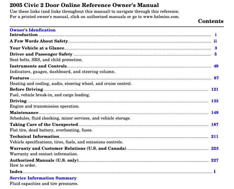 Imagen de la primera página del manual del dispositivo Civic Sedan (2005)