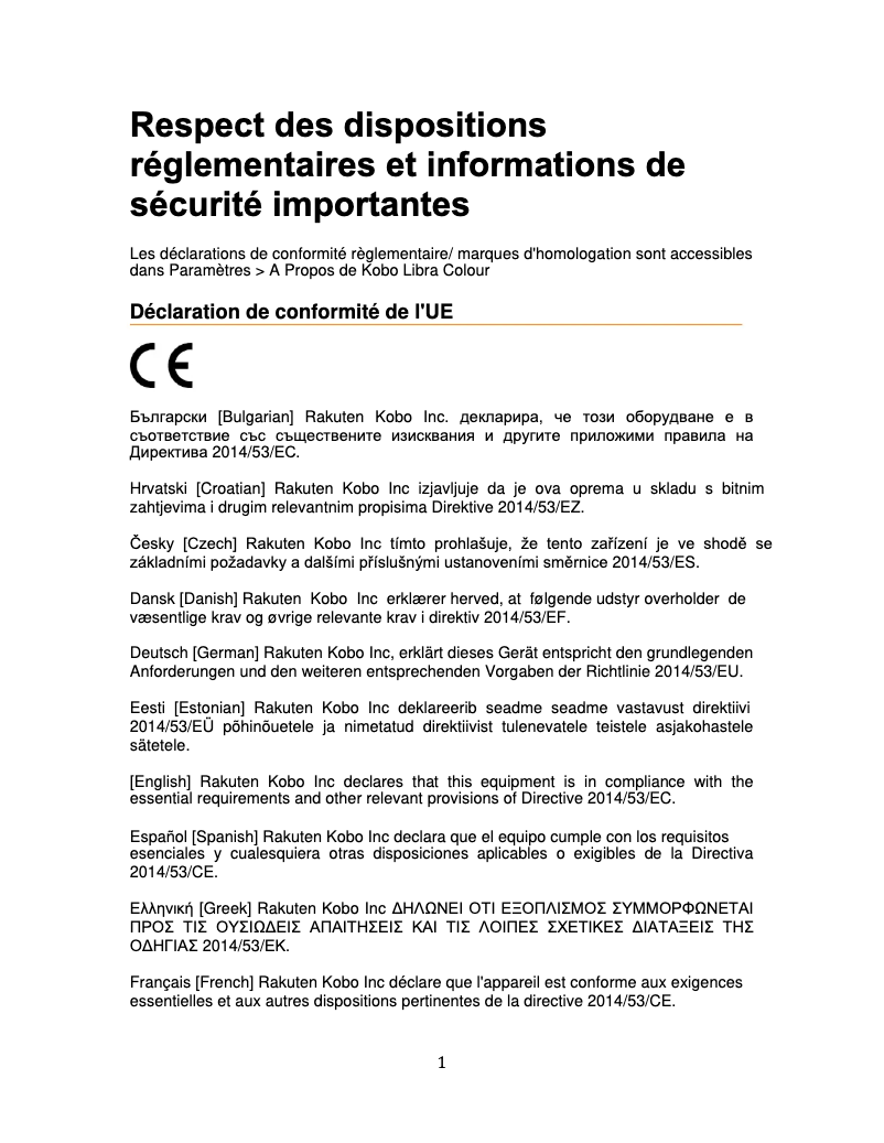 Página 1 del manual Instrucciones de seguridad Kobo Libra Colour