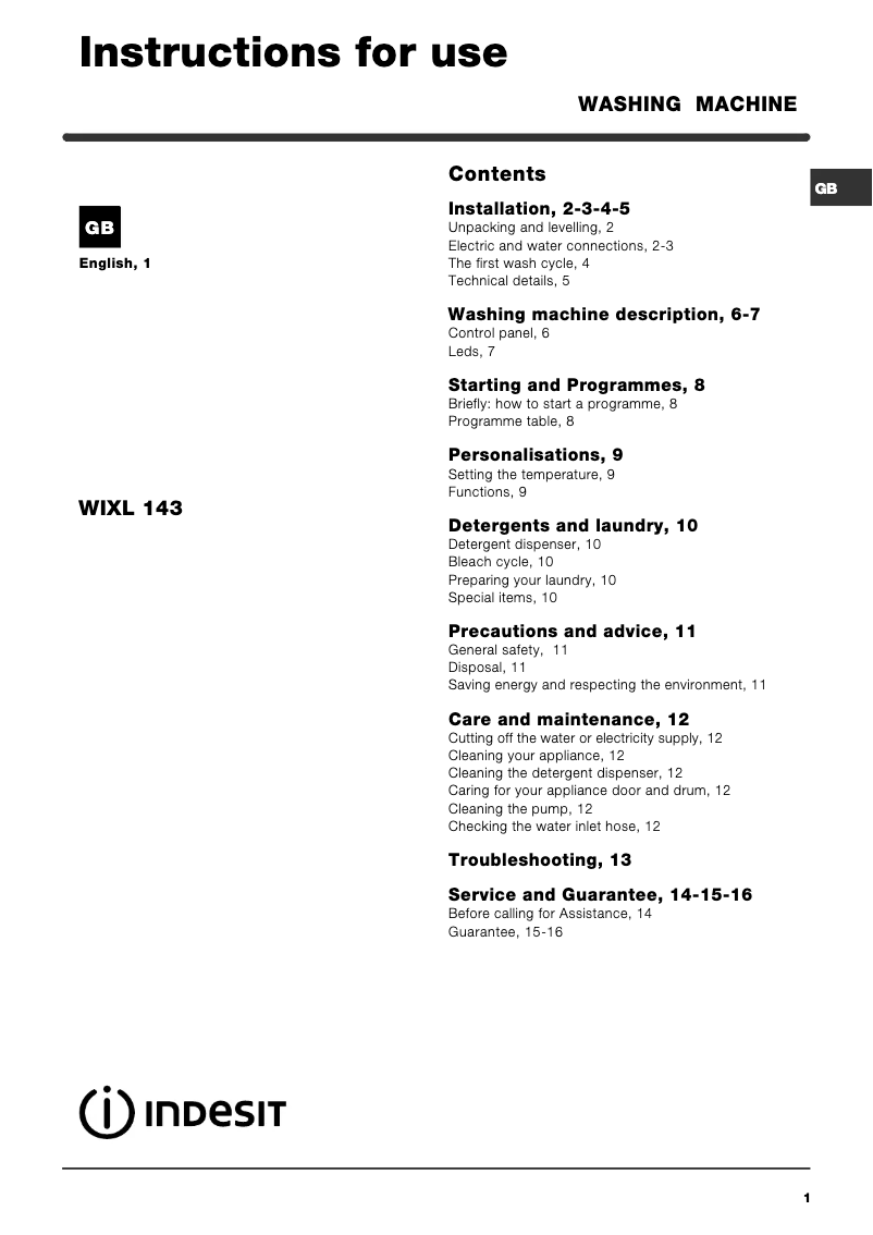 Página 1 del manual Manual de usuario Indesit WIXL143