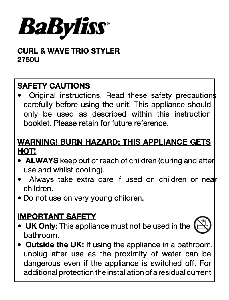 Imagen de la primera página del manual del dispositivo BaByliss Curl & Wave Trio Styler 2750U