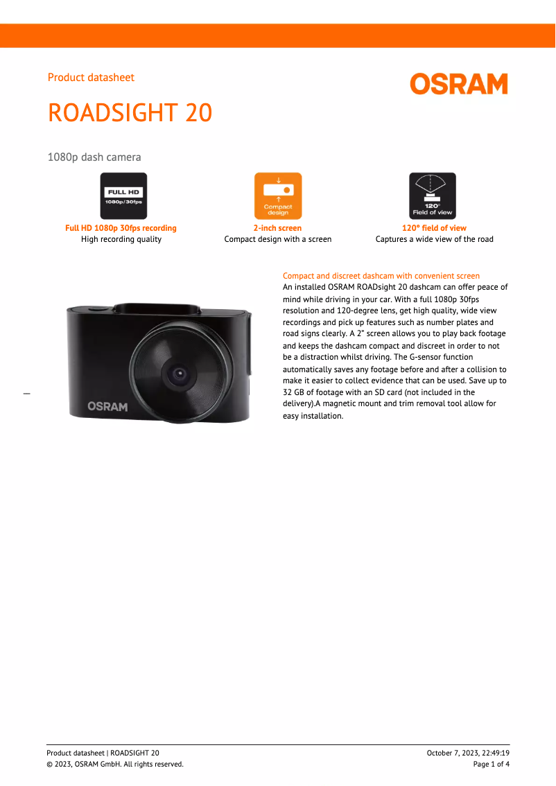 Página 1 del manual Ficha técnica Osram ROADsight 20