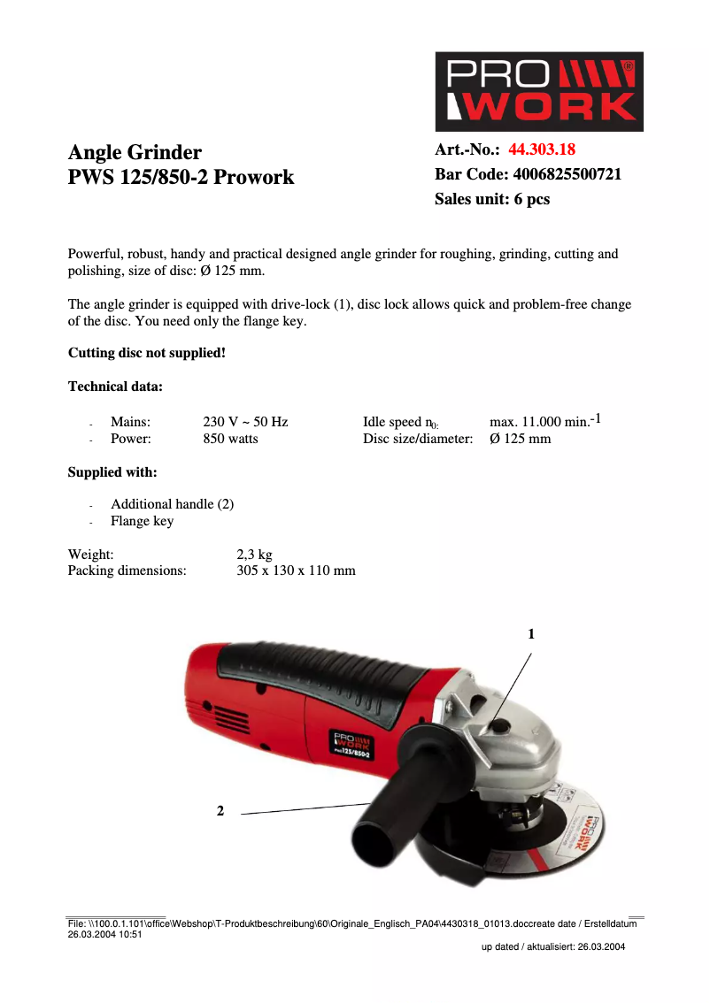 Página 1 del manual Ficha técnica Prowork PWS 125/850-3