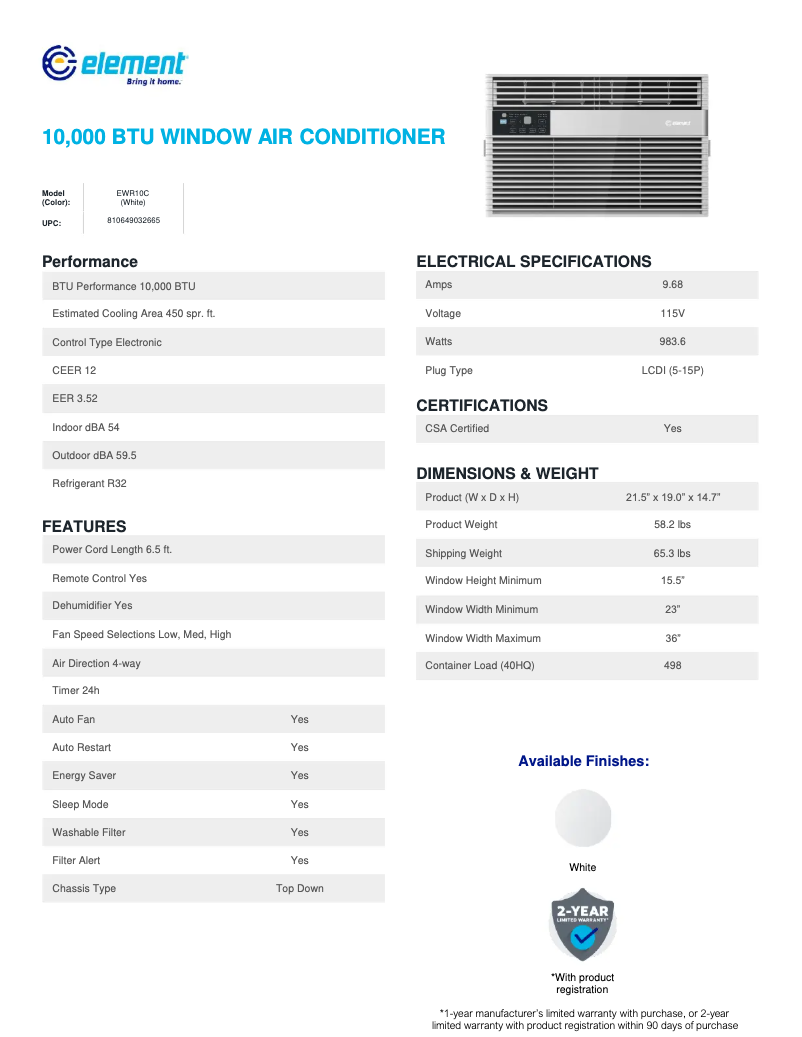 Página 1 del manual Ficha técnica Element EWR10C