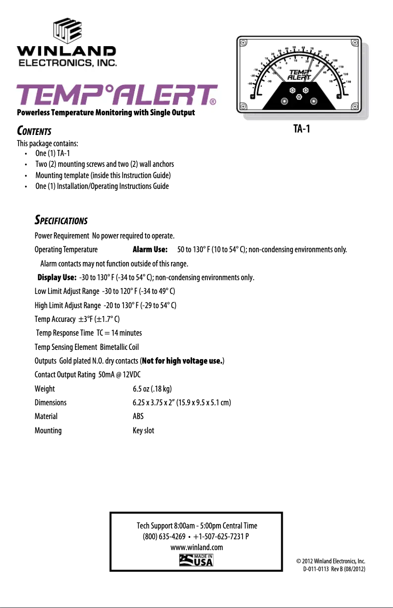 Imagen de la primera página del manual del dispositivo Temp Alert TA-1