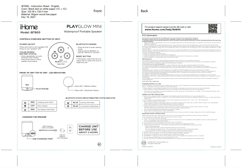 Imagen de la primera página del manual del dispositivo PlayGlow Mini IBT800