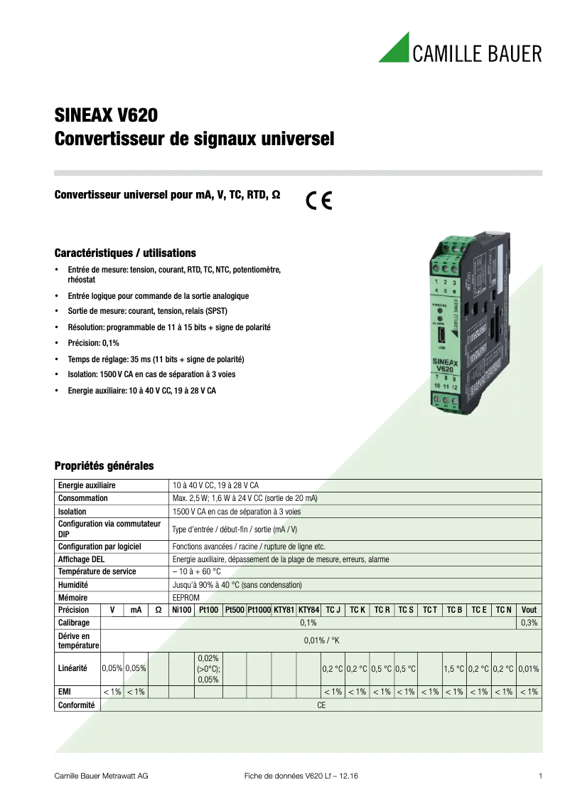 Página 1 del manual Ficha técnica Camille Bauer SINEAX V620