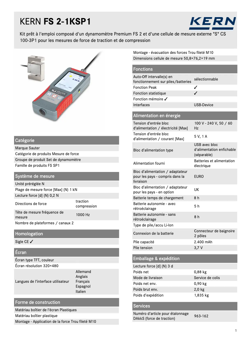 Página 1 del manual Ficha técnica Kern FS 2-1KSP1