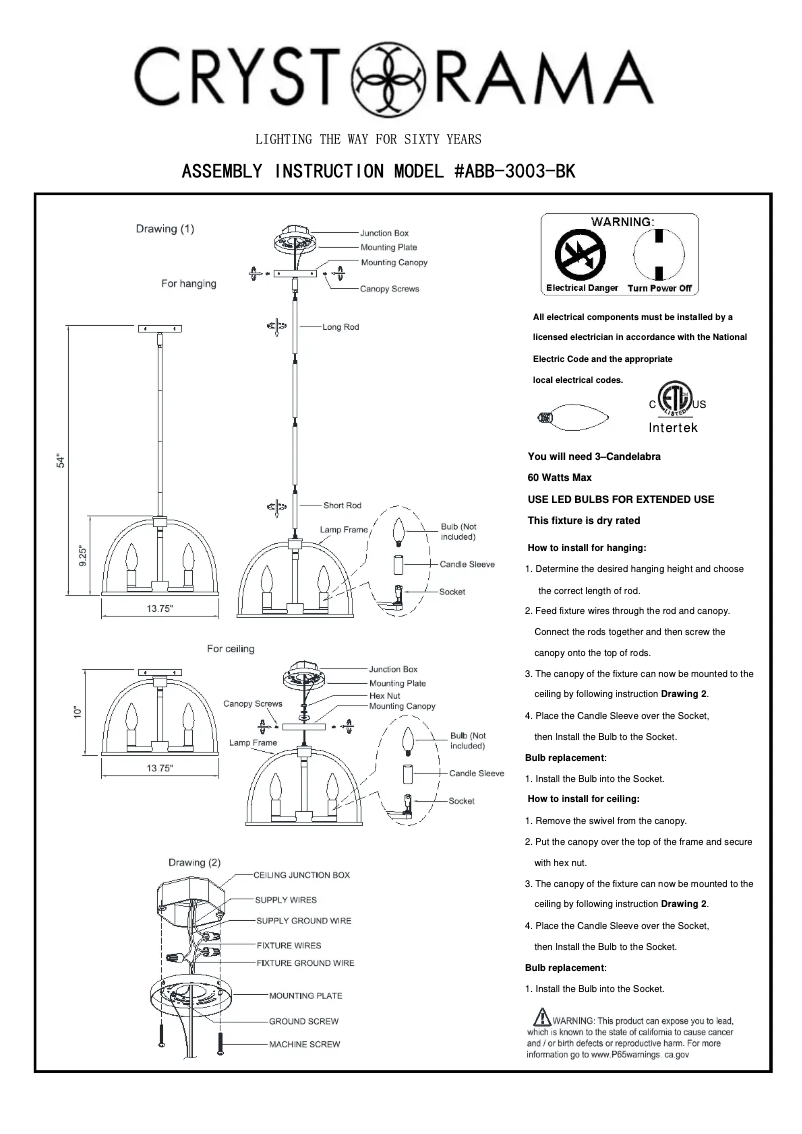 Página 1 del manual Manual de usuario Crystorama Abbott ABB-3003-BK