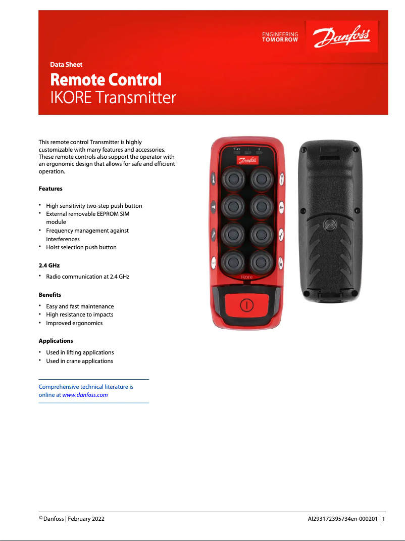 Página 1 del manual Ficha técnica Danfoss Ikore