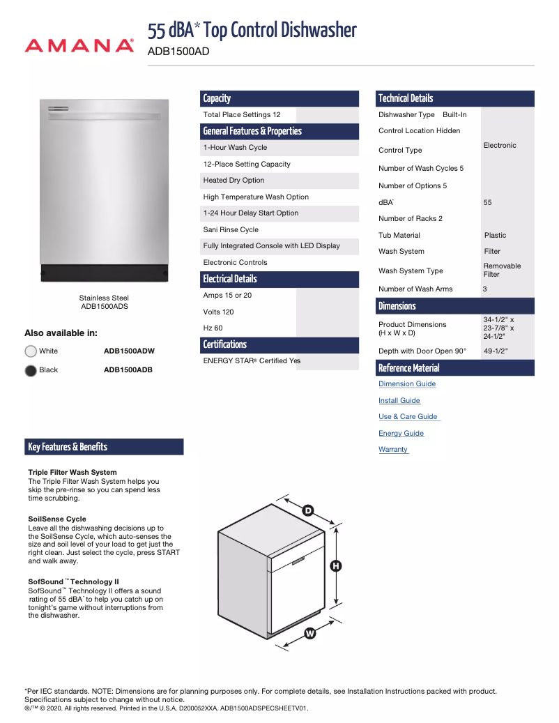 Página 1 del manual Ficha técnica Amana ADB1500ADS
