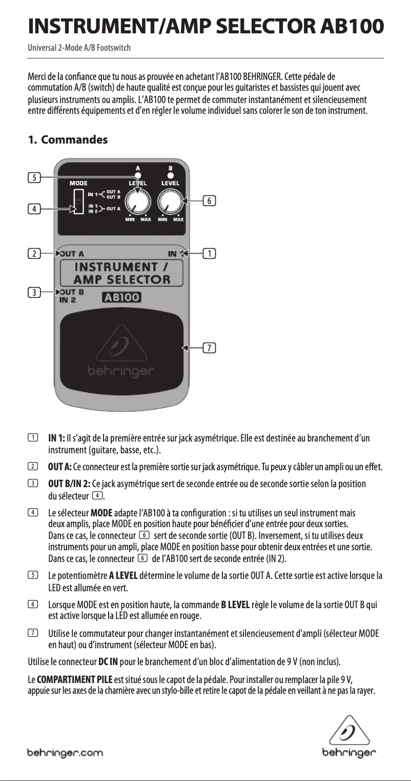 Imagen de la primera página del manual del dispositivo Instrument/AMP Selector AB100