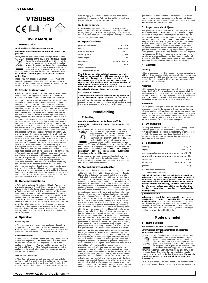 Página 1 del manual Manual de usuario Velleman VTSUSB3