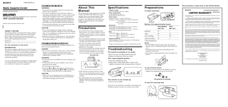 Página 1 del manual Manual de usuario Sony Walkman WM-GX320