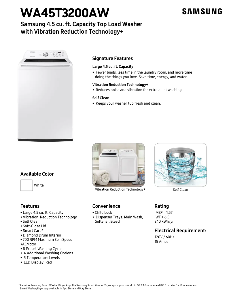 Página 1 del manual Ficha técnica Samsung WA45T3200AW