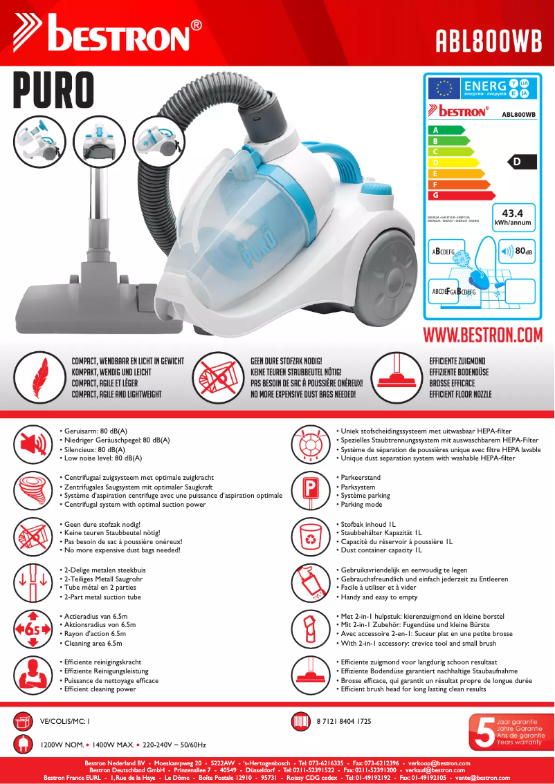 Página 1 del manual Ficha técnica Bestron Puro ABL800WB