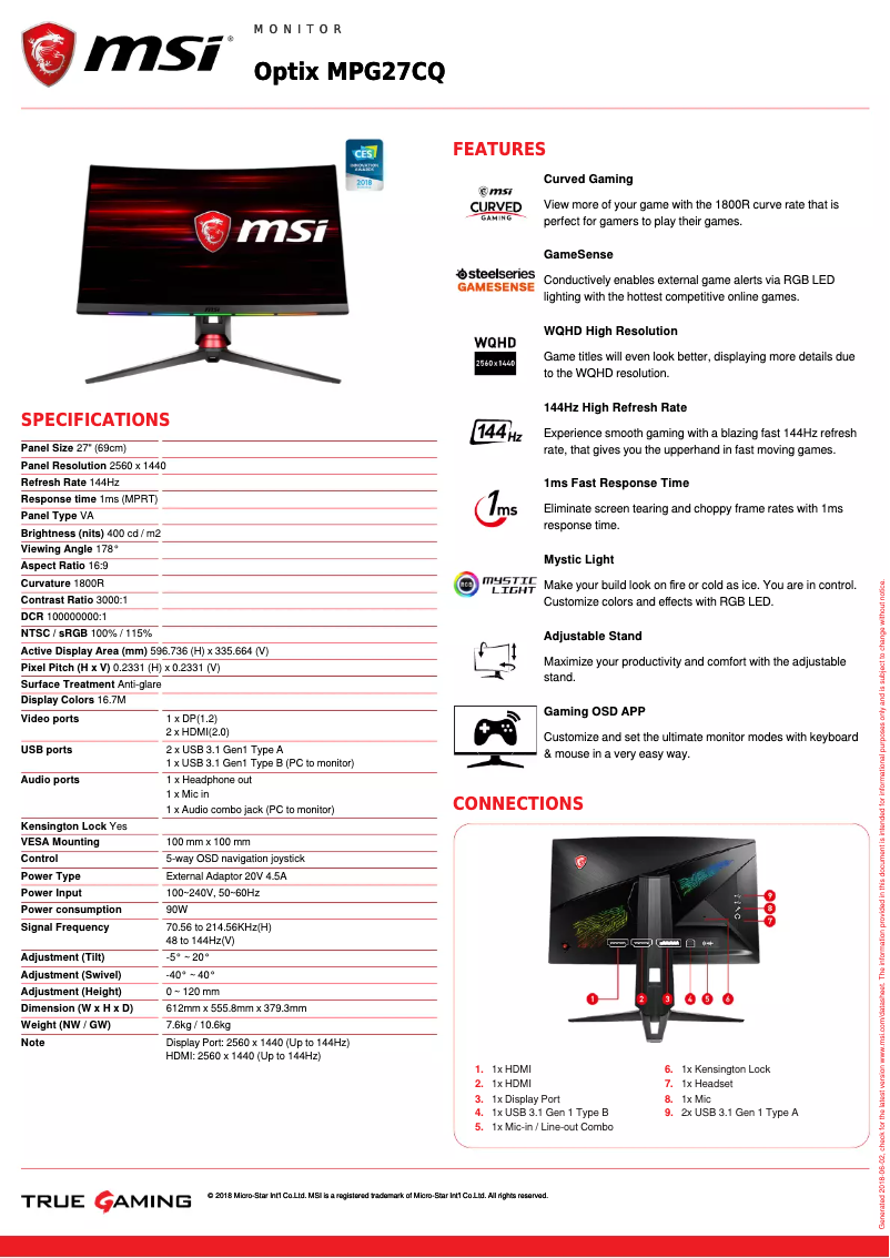 Imagen de la primera página del manual del dispositivo Optix MPG27CQ