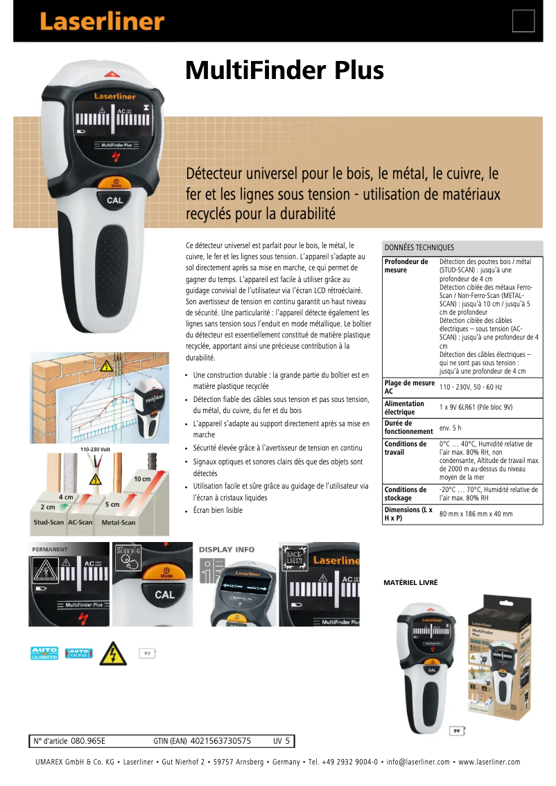 Página 1 del manual Ficha técnica Laserliner MultiFinder Plus