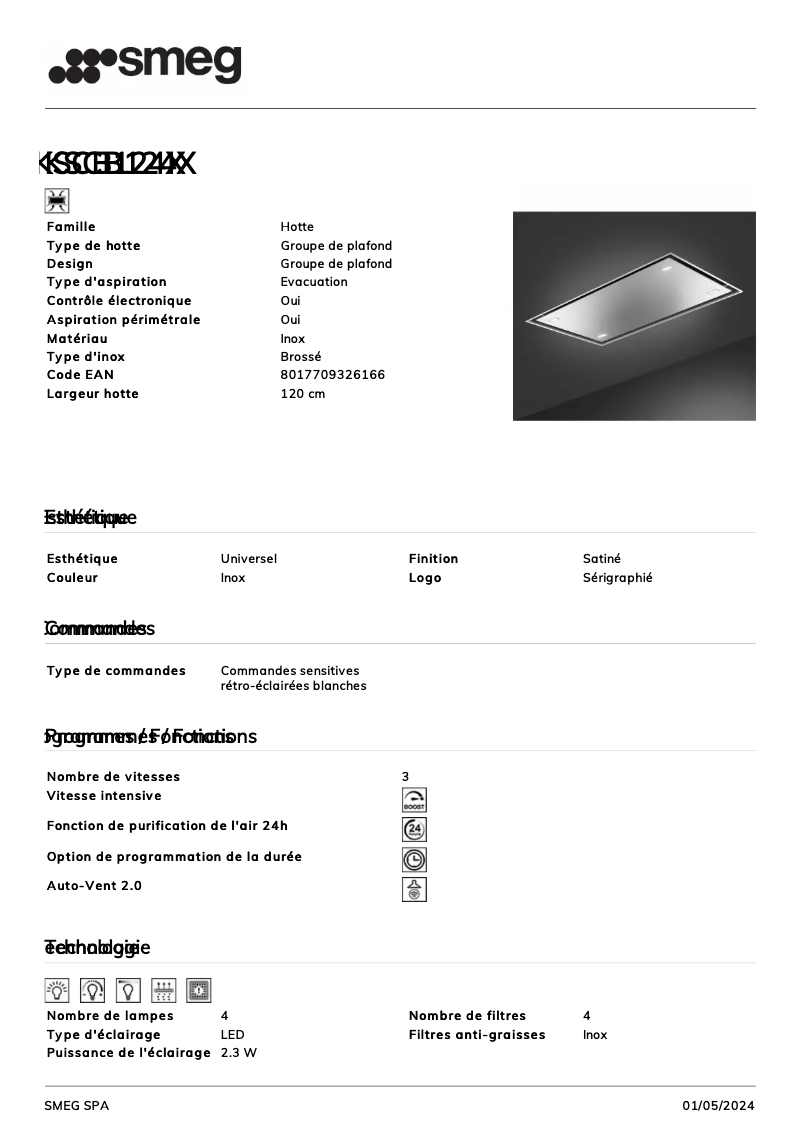 Página 1 del manual Ficha técnica Smeg KSCB124X