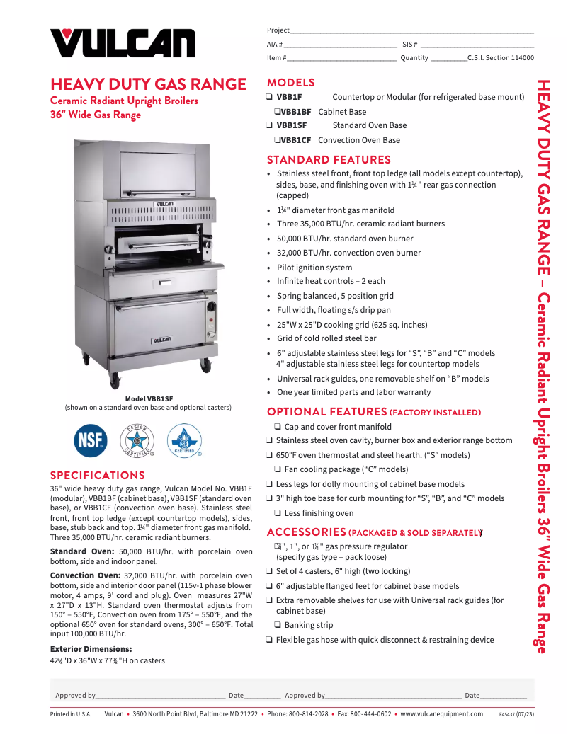 Página 1 del manual Ficha técnica Vulcan VBB1SF