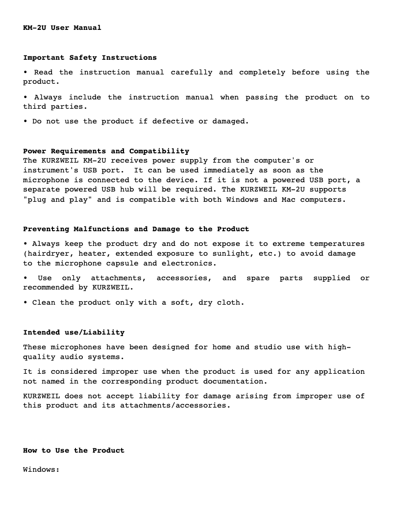 Imagen de la primera página del manual del dispositivo KM-2U