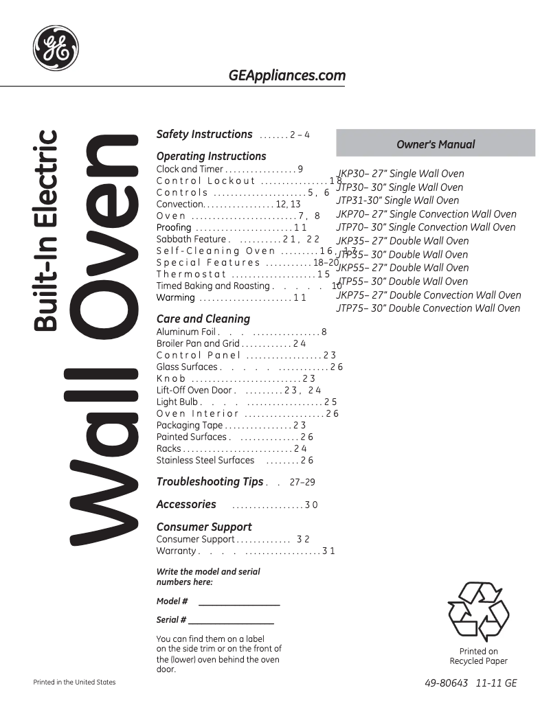 Imagen de la primera página del manual del dispositivo JTP70DPWW