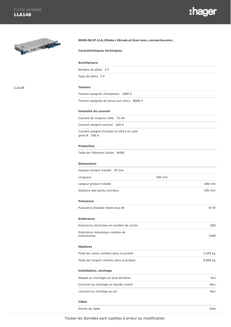Página 1 del manual Ficha técnica Hager LLA148