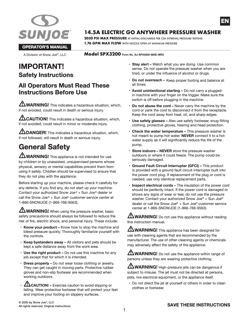 Página nº 1 - Manual de usuario Sun Joe SPX3200