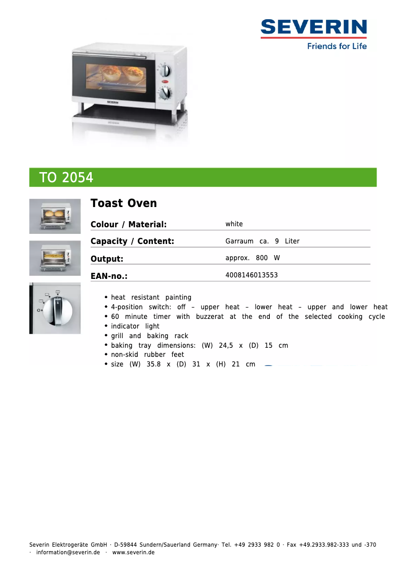 Página 1 del manual Ficha técnica Severin TO 2054