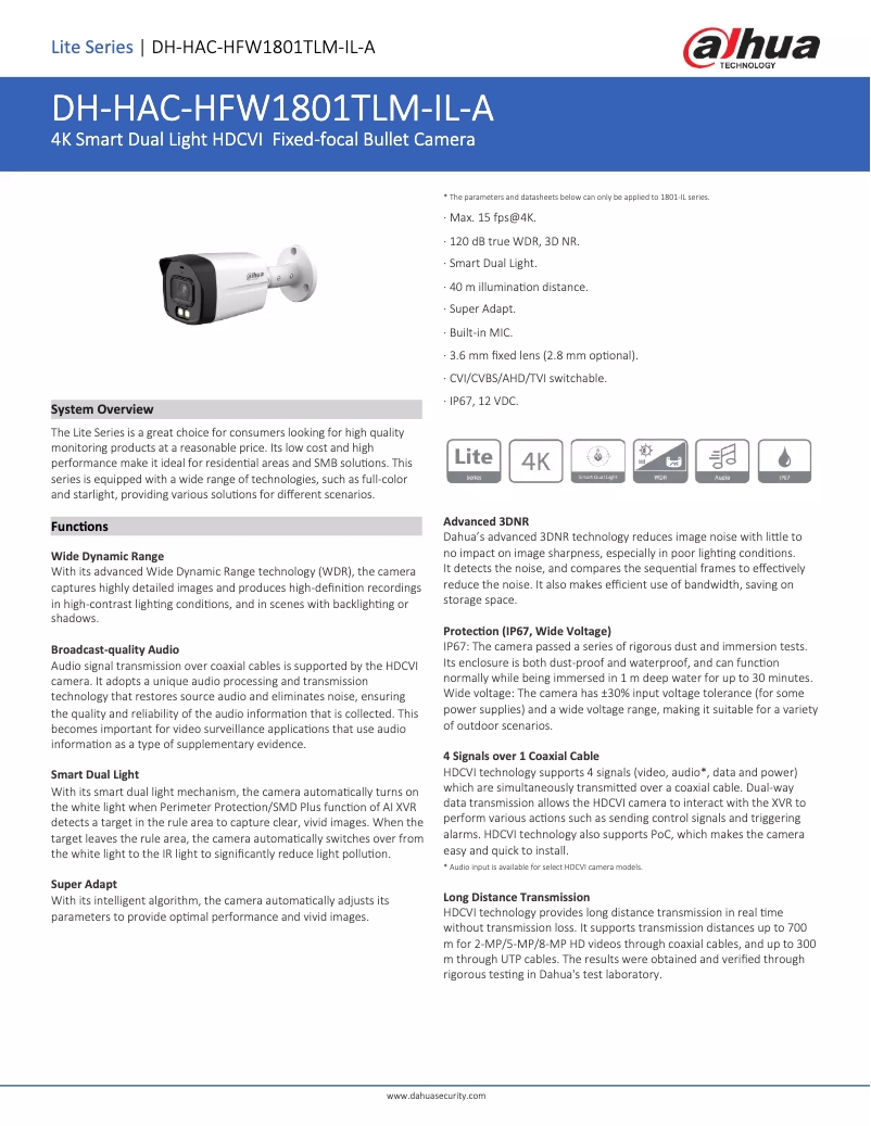 Página 1 del manual Ficha técnica Dahua Technology Lite HAC-HFW1801TLM-IL-A