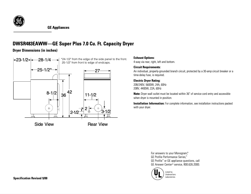 Página 1 del manual Ficha técnica GE DWSR483EAWW