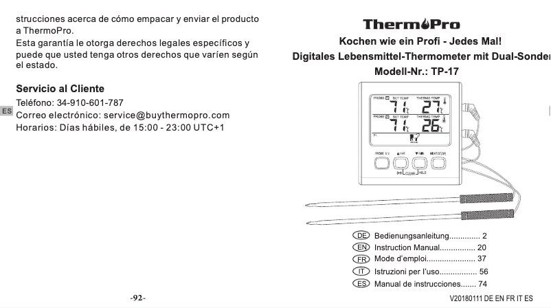 Página 1 del manual Manual de usuario ThermoPro TP-17