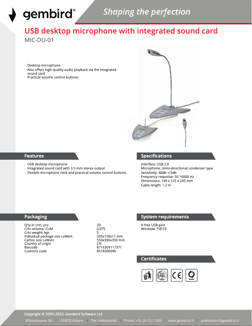 Página 1 del manual Manual de usuario Gembird MIC-DU-01