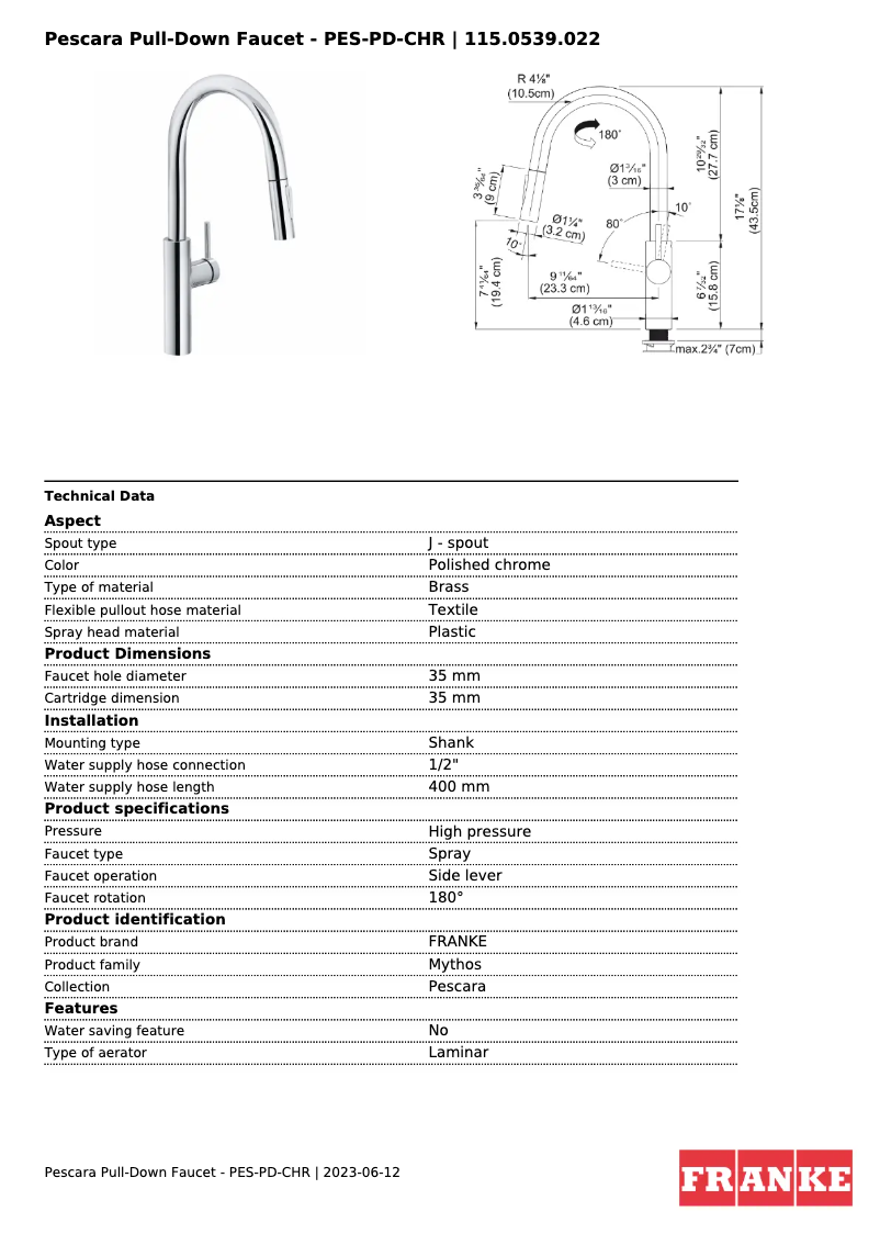 Página 1 del manual Ficha técnica Franke PES-PD-SNI