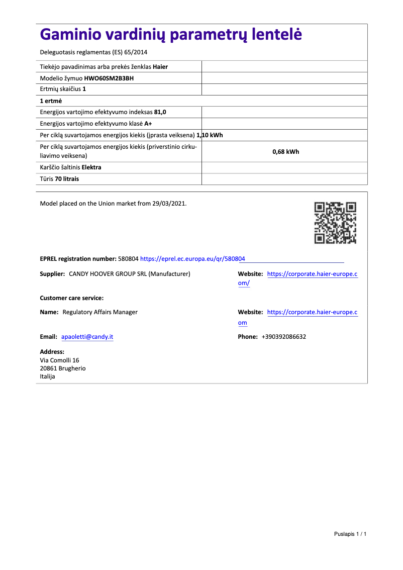 Página 1 del manual Ficha técnica Haier I-Message Series 2 HWO60SM2B3BH