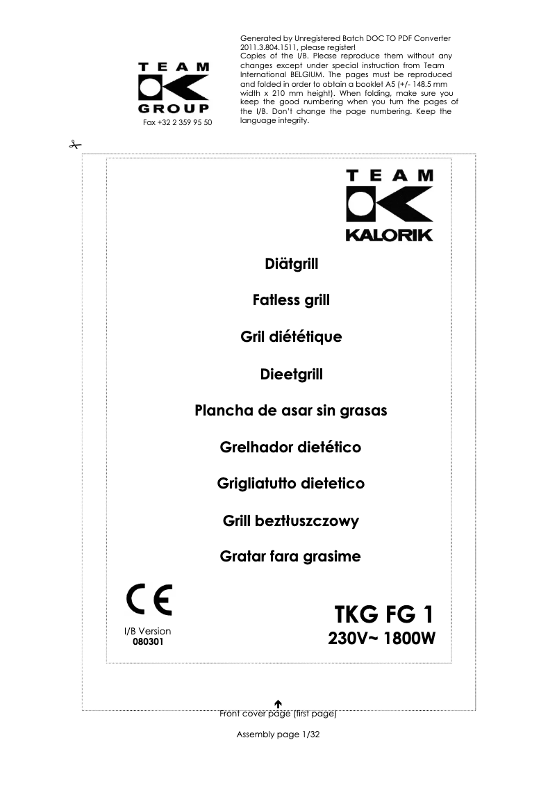 Imagen de la primera página del manual del dispositivo TKG FG 1
