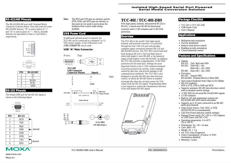 Imagen de la primera página del manual del dispositivo TCC-80I-DB9-RP