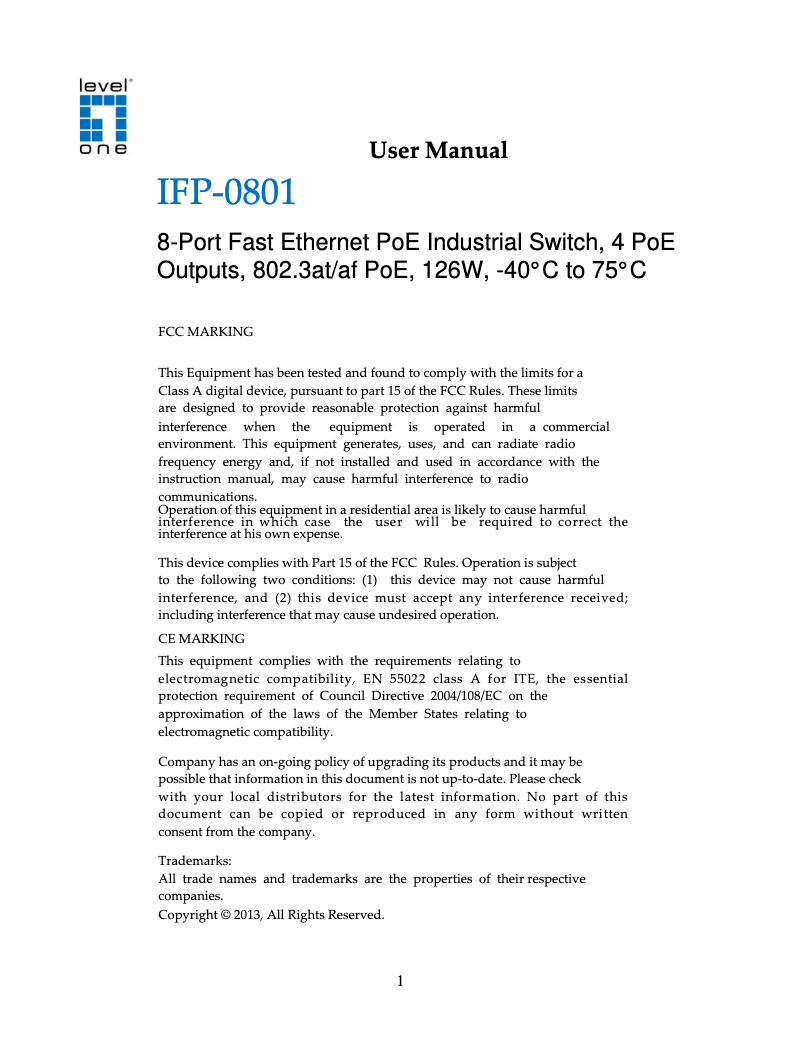 Imagen de la primera página del manual del dispositivo IFP-0801