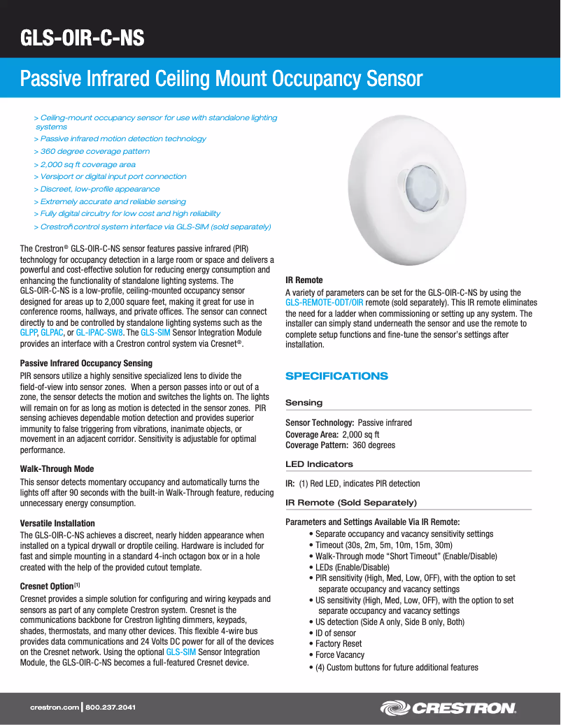 Página 1 del manual Ficha técnica Crestron GLS-OIR-C-NS