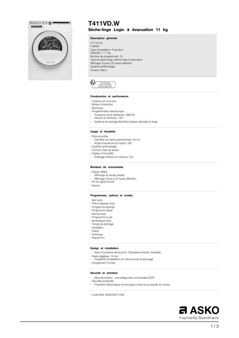 Página 1 del manual Ficha técnica Asko T411VD.W