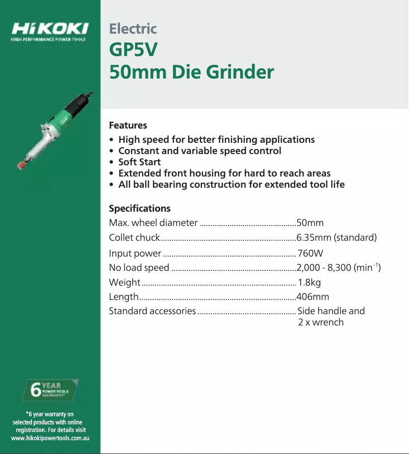 Página 1 del manual Ficha técnica HiKOKI GP5V