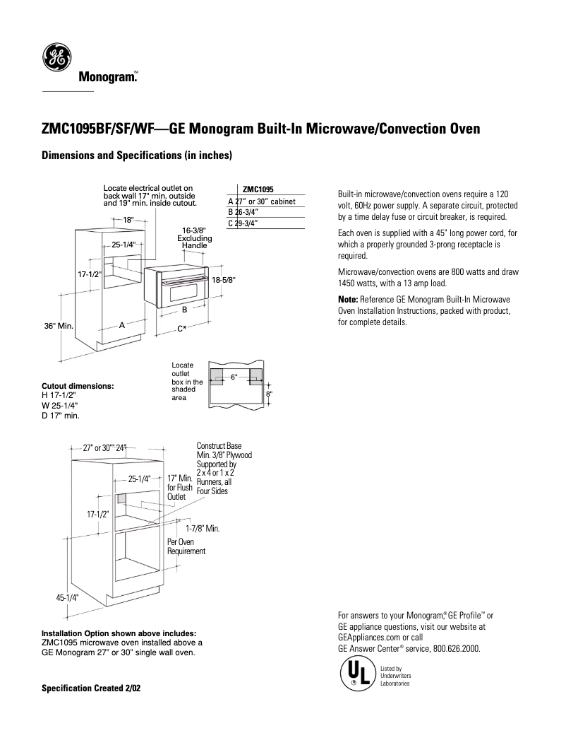 Página 1 del manual Ficha técnica GE ZMC1095SF
