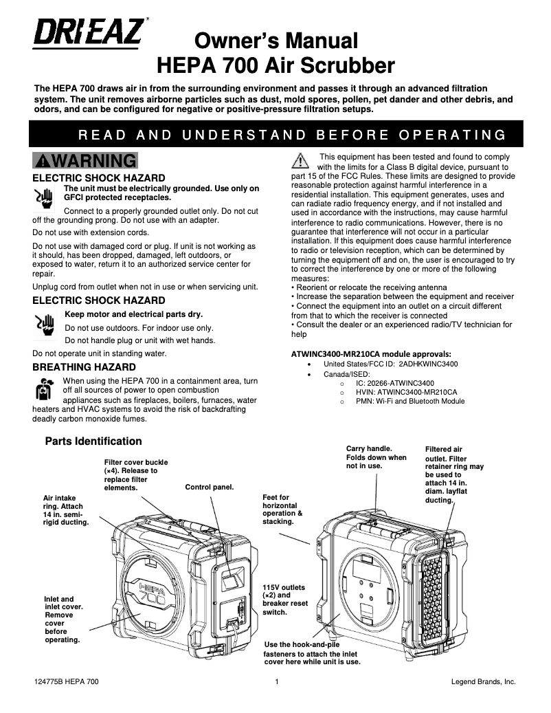 Imagen de la primera página del manual del dispositivo HEPA 700