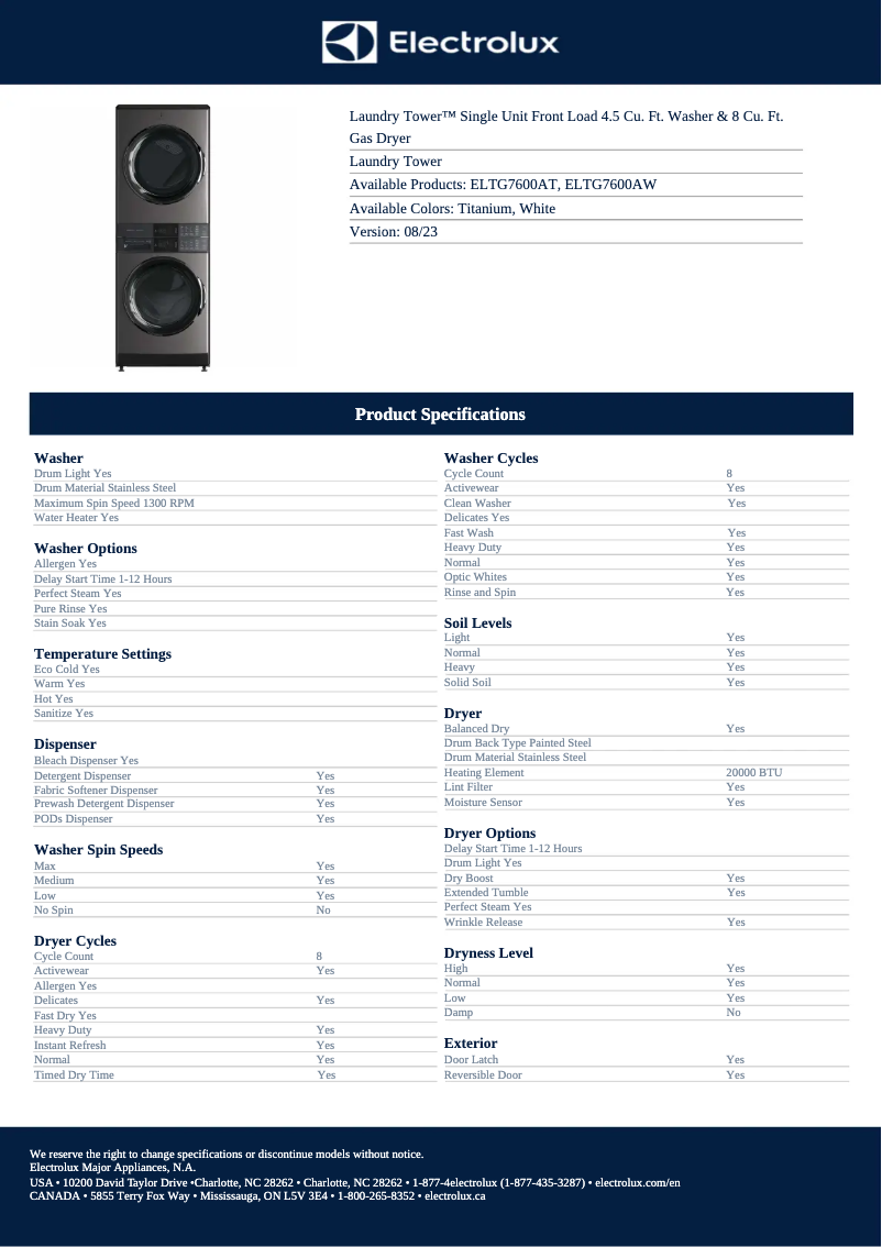 Página 1 del manual Ficha técnica Electrolux ELTG7600AW