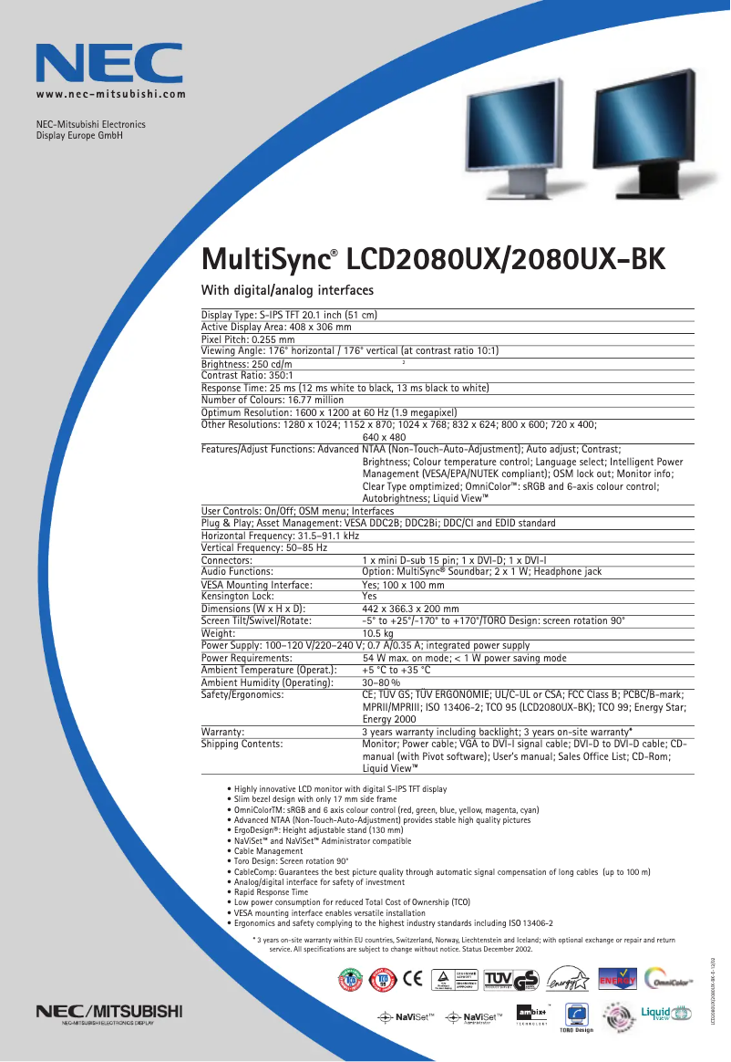 Imagen de la primera página del manual del dispositivo MultiSync LCD2080UXBK
