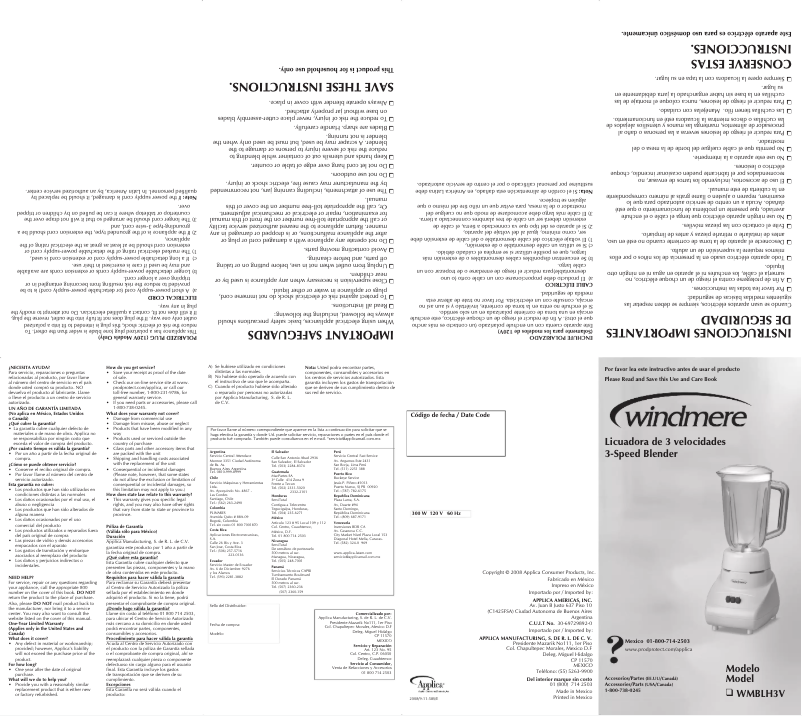 Página 1 del manual Manual de usuario Windmere WMBLH3V