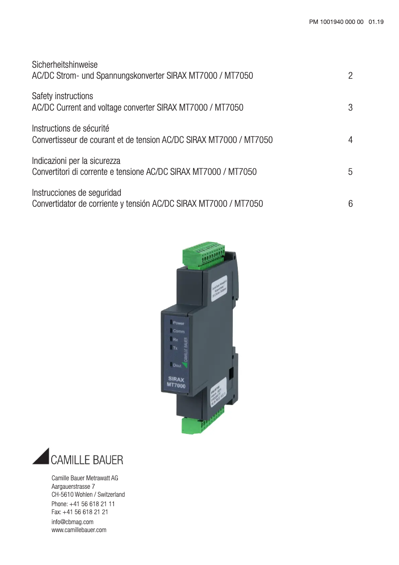 Página 1 del manual Instrucciones de seguridad Camille Bauer SIRAX MT7050