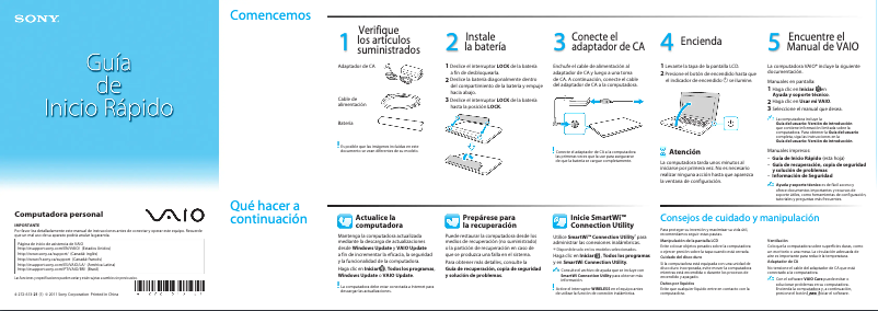 Página 1 del manual Guía de instalación Sony Vaio VPCYB15KX