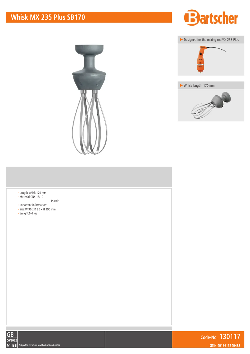 Página 1 del manual Ficha técnica Bartscher SB170