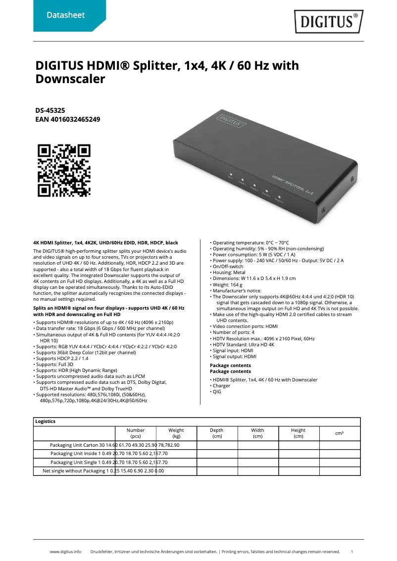 Página 1 del manual Ficha técnica Digitus DS-45325